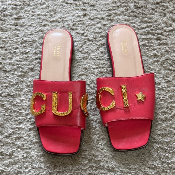 Gucci Shoes - Gucci Cara Leather Slide Mules with Gold GUCCI Letters